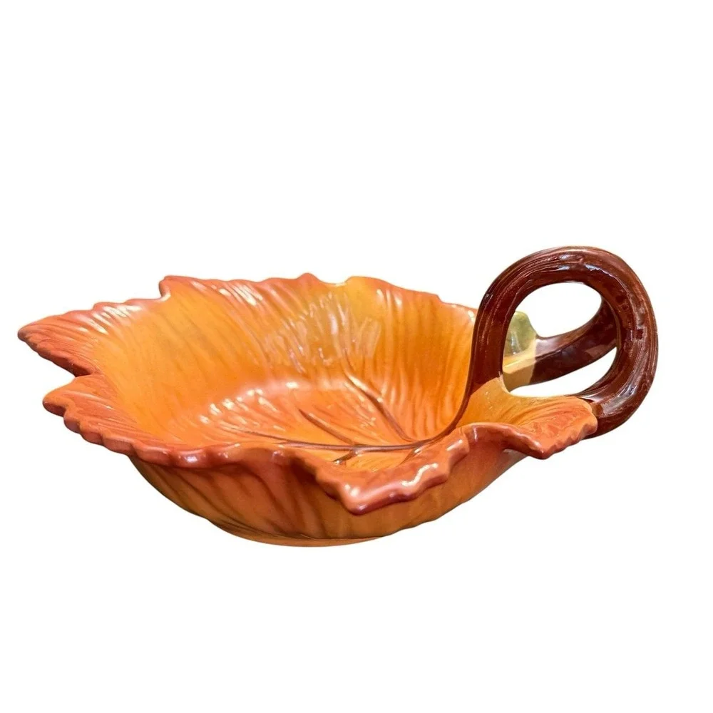 FIGI Autumn Leaf Handled Bowl Candy Nut Dish Fall Thanksgiving Orange Ceramic